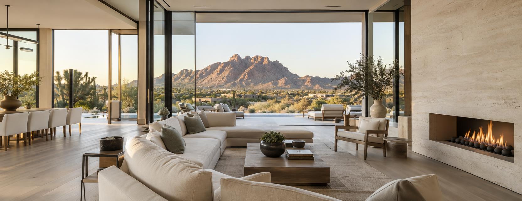 A bright great room with white-oak hardwood floors and glass walls overlooking Camelback Mountain in Paradise Valley